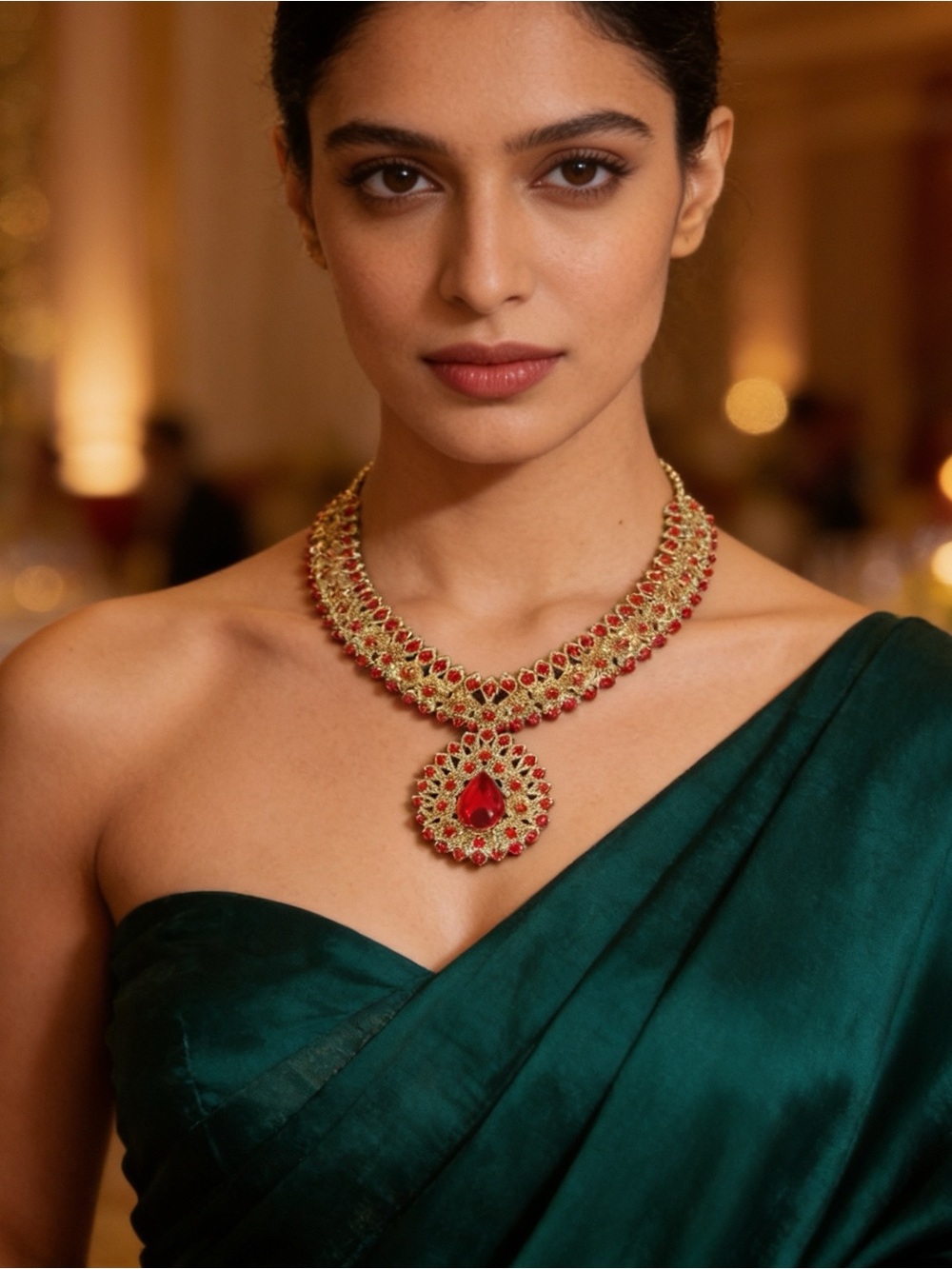 Kerala Palakka Style Choker Necklace Set Red Stones Gold Tone Bridal